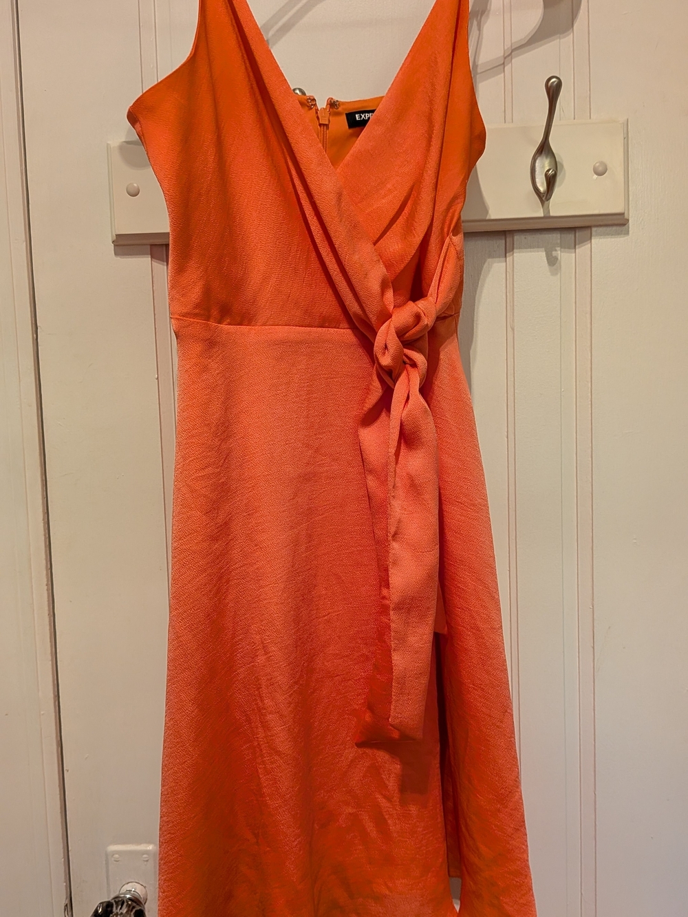 Express Flowy Coral-Orange Wrap Midi Dress With Side Tie And Spaghetti Straps